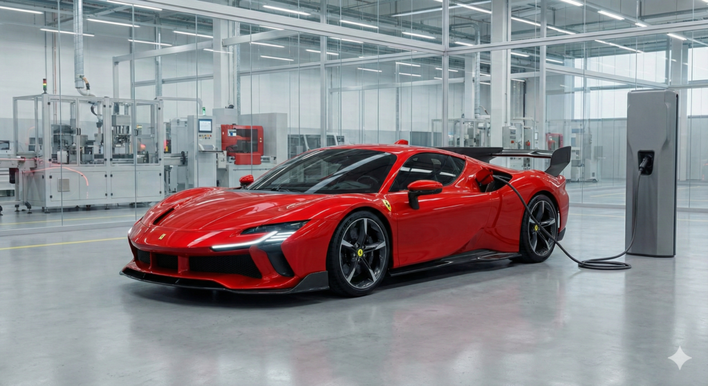 Ferrari electric car 2026 charging at Maranello e-building