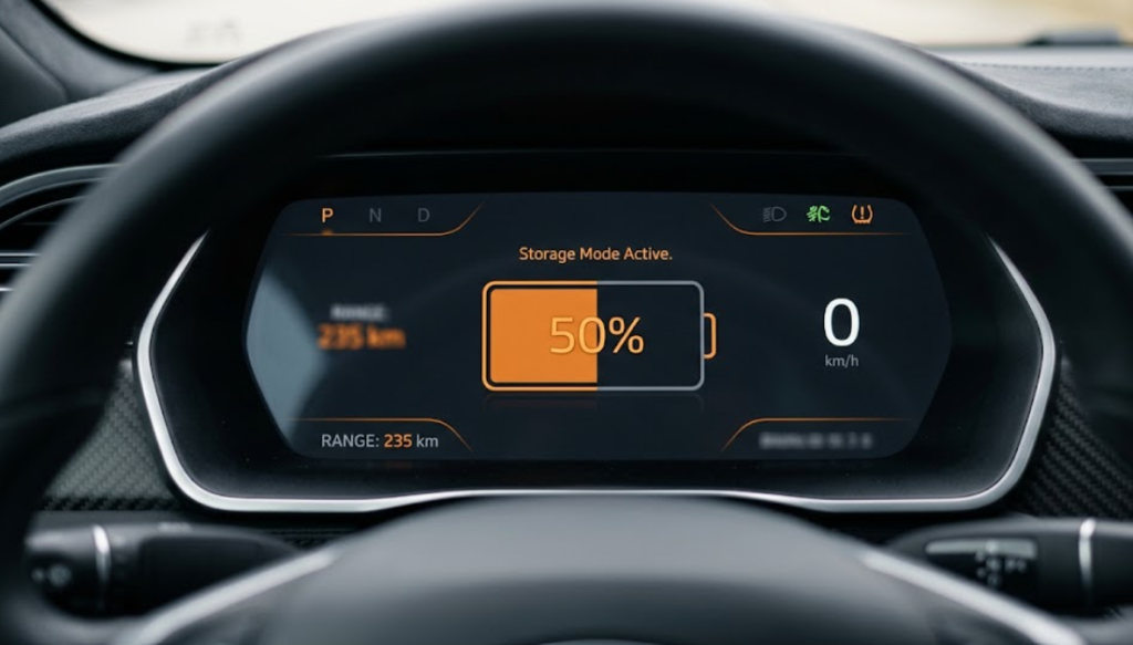 EV digital dashboard display showing 50 percent state of charge in storage mode.