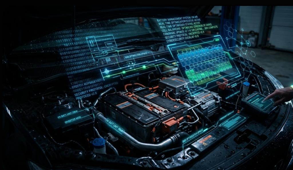 Digital schematic overlay of a Battery Management System (BMS) for Android-based EV software.