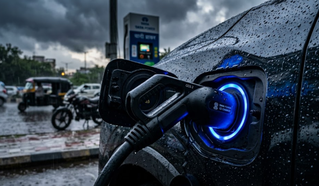 Electric vehicle charging at a station in India with blue LED glowing light.