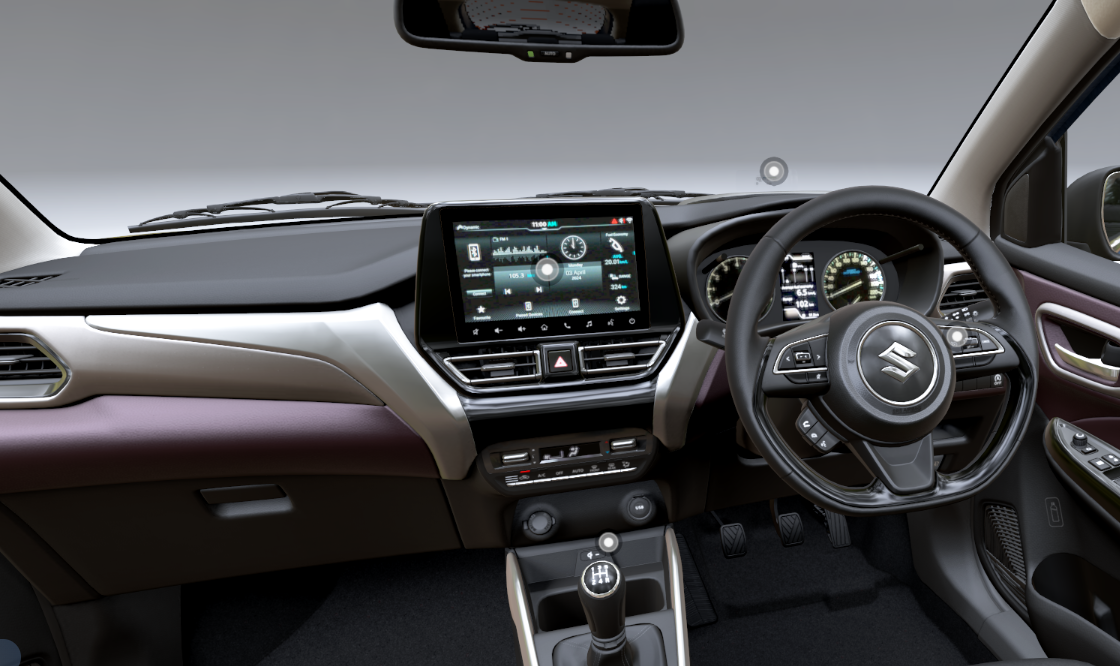 Maruti Suzuki Fronx Alpha luxury interior with 22.86cm SmartPlay Pro+ infotainment, HUD, and leather-wrapped steering wheel.