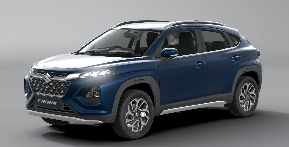 Maruti Suzuki Fronx Alpha top-end variant exterior with precision cut alloy wheels and 360 view camera sensors.
