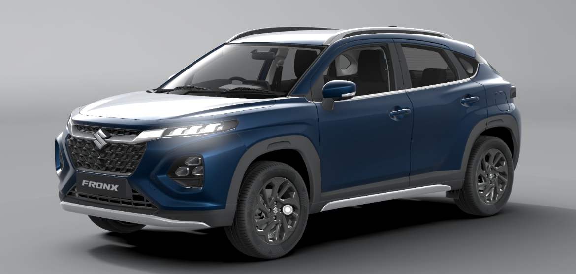 Maruti Suzuki Fronx Zeta variant exterior with LED multi-reflector headlamps and 1.0L Turbo Boosterjet branding.