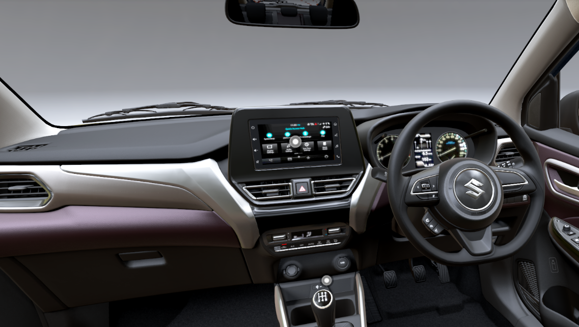 Maruti Suzuki Fronx Zeta interior showing 6 airbags safety setup and wireless smartdevice charger.