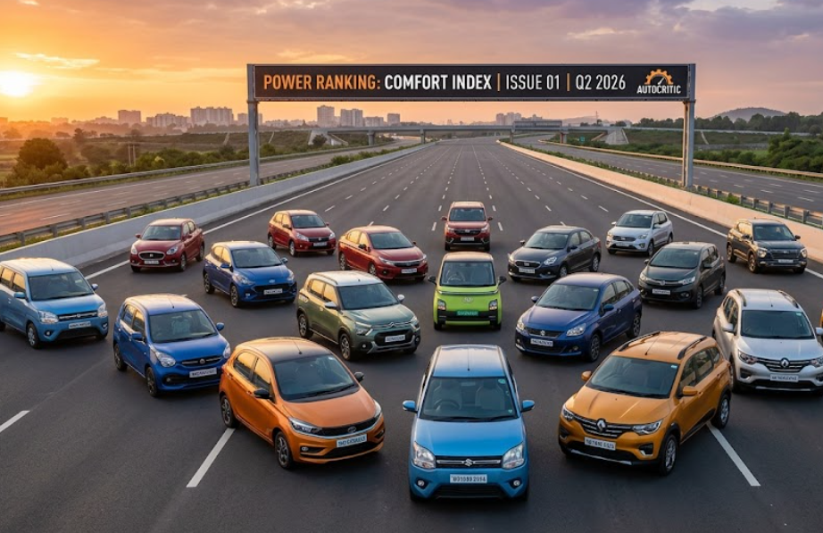 Panoramic photograph of all 17 models ranked as the most comfortable city cars in India for 2026 by AutoCritic, including the Maruti Wagon R, Tata Tiago.ev, and Honda Amaze, arranged on a scenic highway at sunset near Bengaluru.