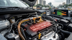 Visualizing the impact of E20 ethanol-blended petrol on modern car engine fuel injection, showing fuel flow and KMPL mileage fluctuations in Indian driving conditions for Autocritic.in fuel efficiency guide.
