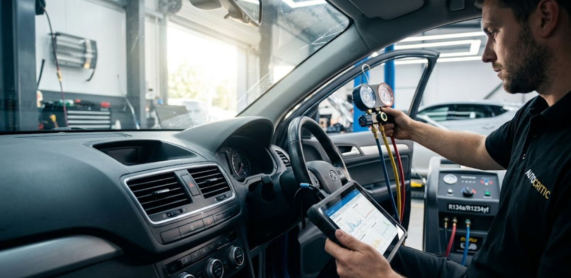 Car mechanic checking the AC of a car