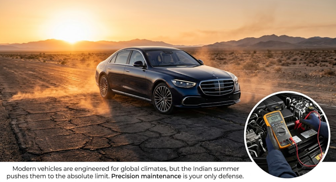 Luxury sedan in the desert during golden hour with battery maintenance inset